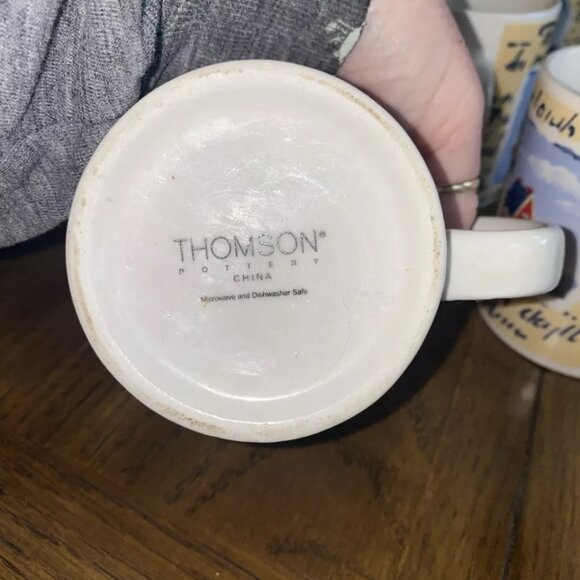 Thompson Pottery Coffee Mugs Nautical Lighthouse Sailboats Red White Blue Used - Picture 5 of 5